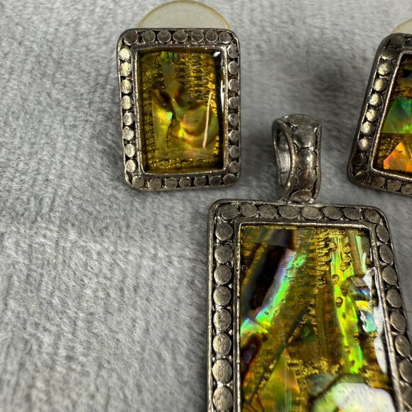 Vintage Silver Tone Pendant & Earrings Set Iridescent Abalone Shell Insets - Picture 4 of 16